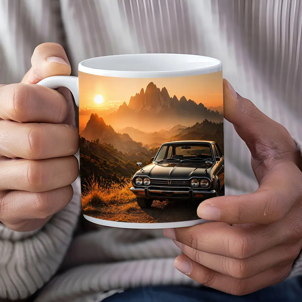 Vintage Honda Car Mountain Sunset Scene – Mugs