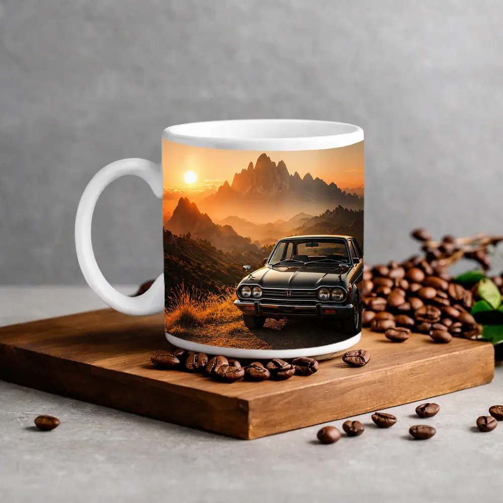 Vintage Honda Car Mountain Sunset Scene – Mugs