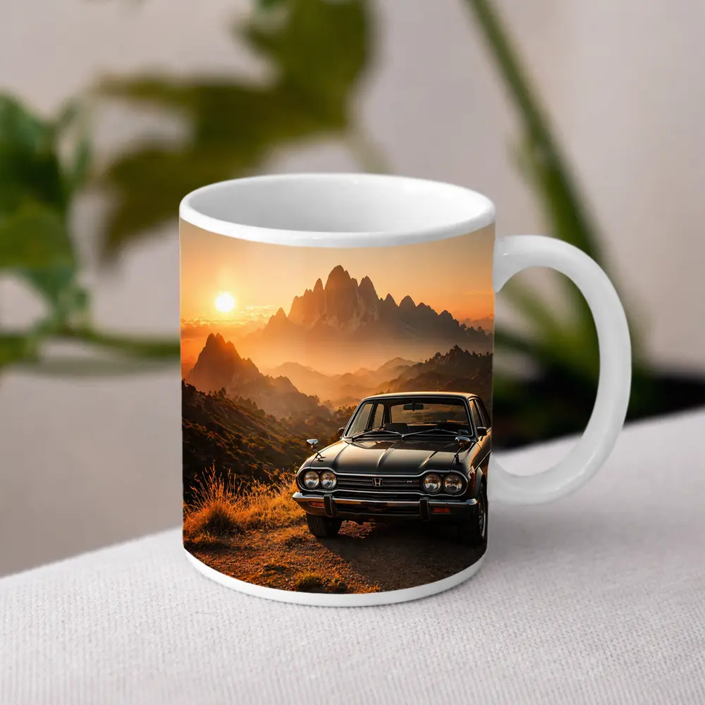 Vintage Honda Car Mountain Sunset Scene – Mugs