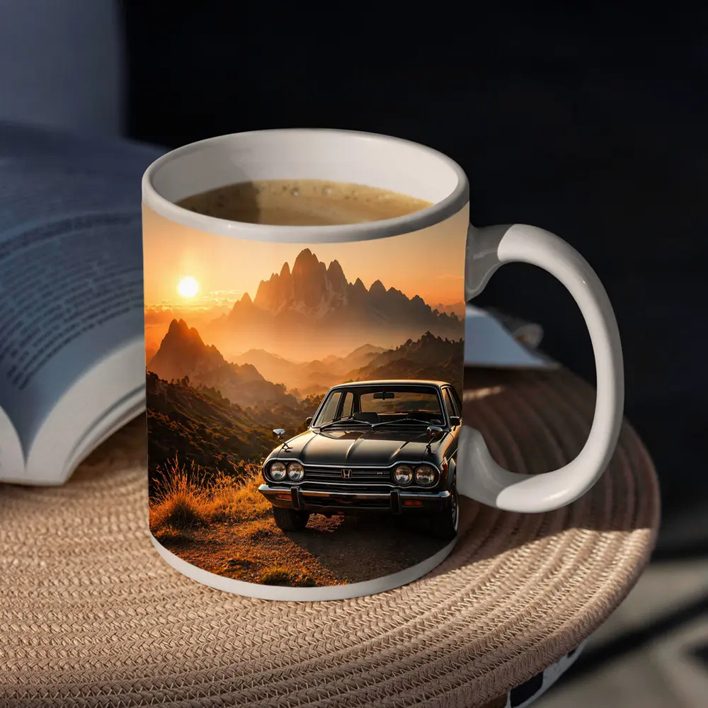 Vintage Honda Car Mountain Sunset Scene – Mugs