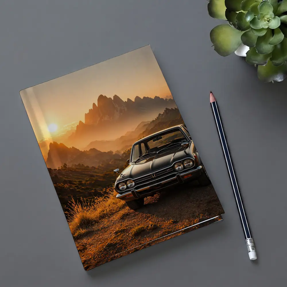 Vintage Honda Car Mountain Sunset Scene – Notebooks