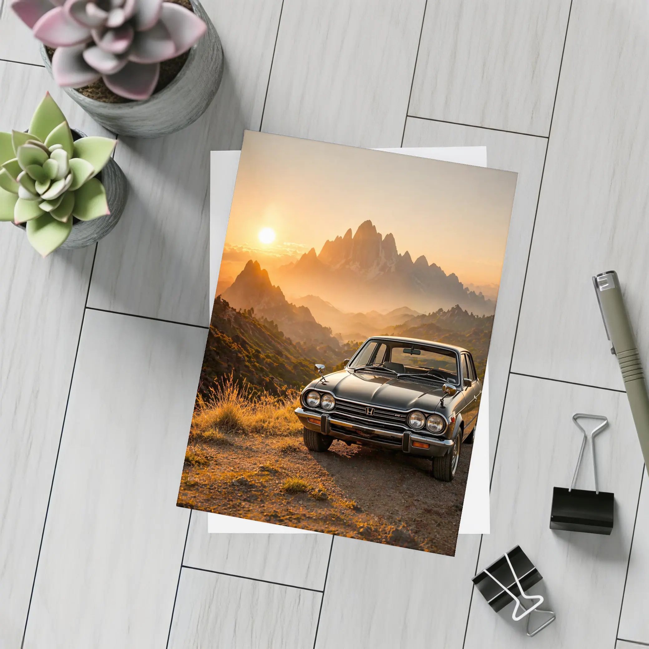 Vintage Honda Car Mountain Sunset Scene – Postcards