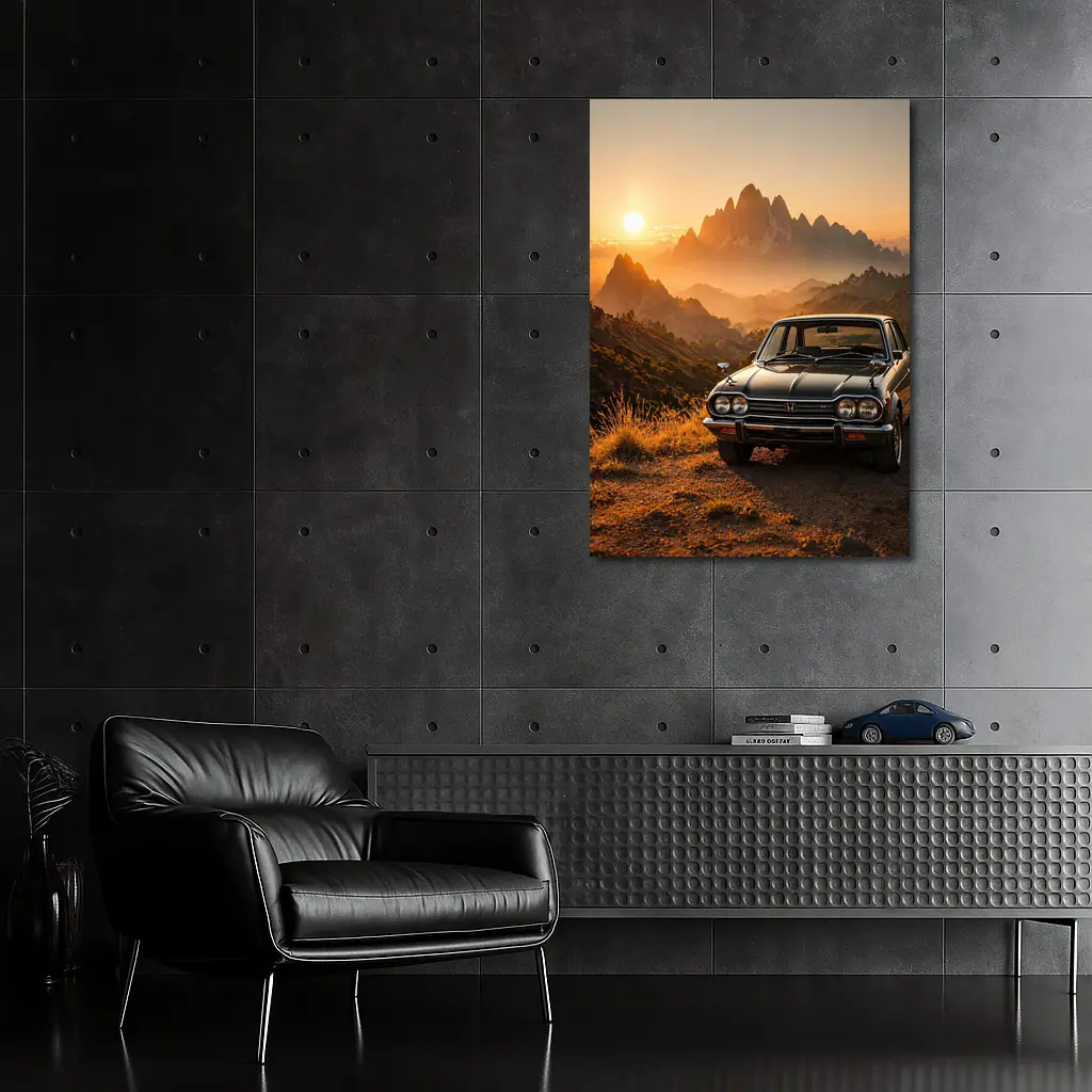 Vintage Honda Car Mountain Sunset Scene – Wall Art