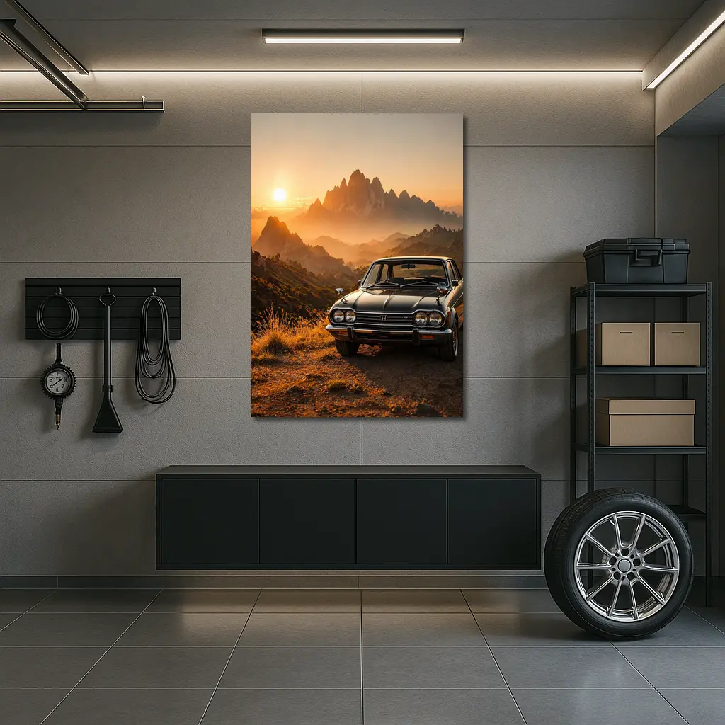 Vintage Honda Car Mountain Sunset Scene – Wall Art