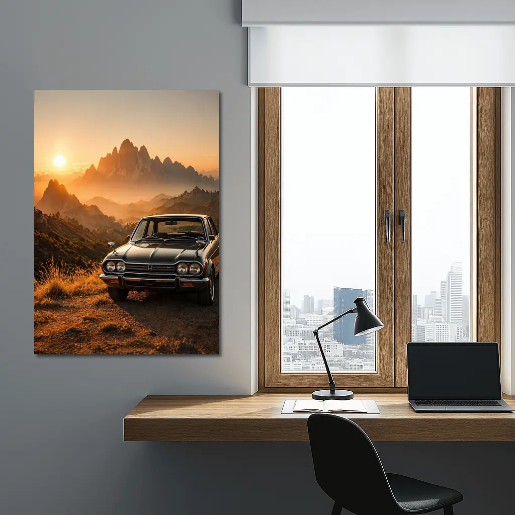 Vintage Honda Car Mountain Sunset Scene – Wall Art
