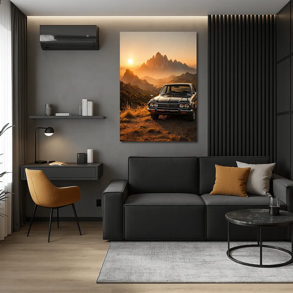 Vintage Honda Car Mountain Sunset Scene – Wall Art