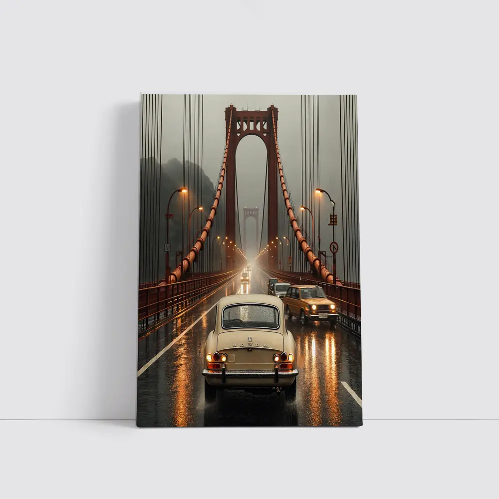 Vintage Honda On Rainy Suspension Bridge – Wall Art