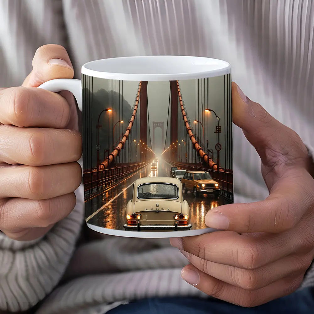 Vintage Honda On Rainy Suspension Bridge – Mugs