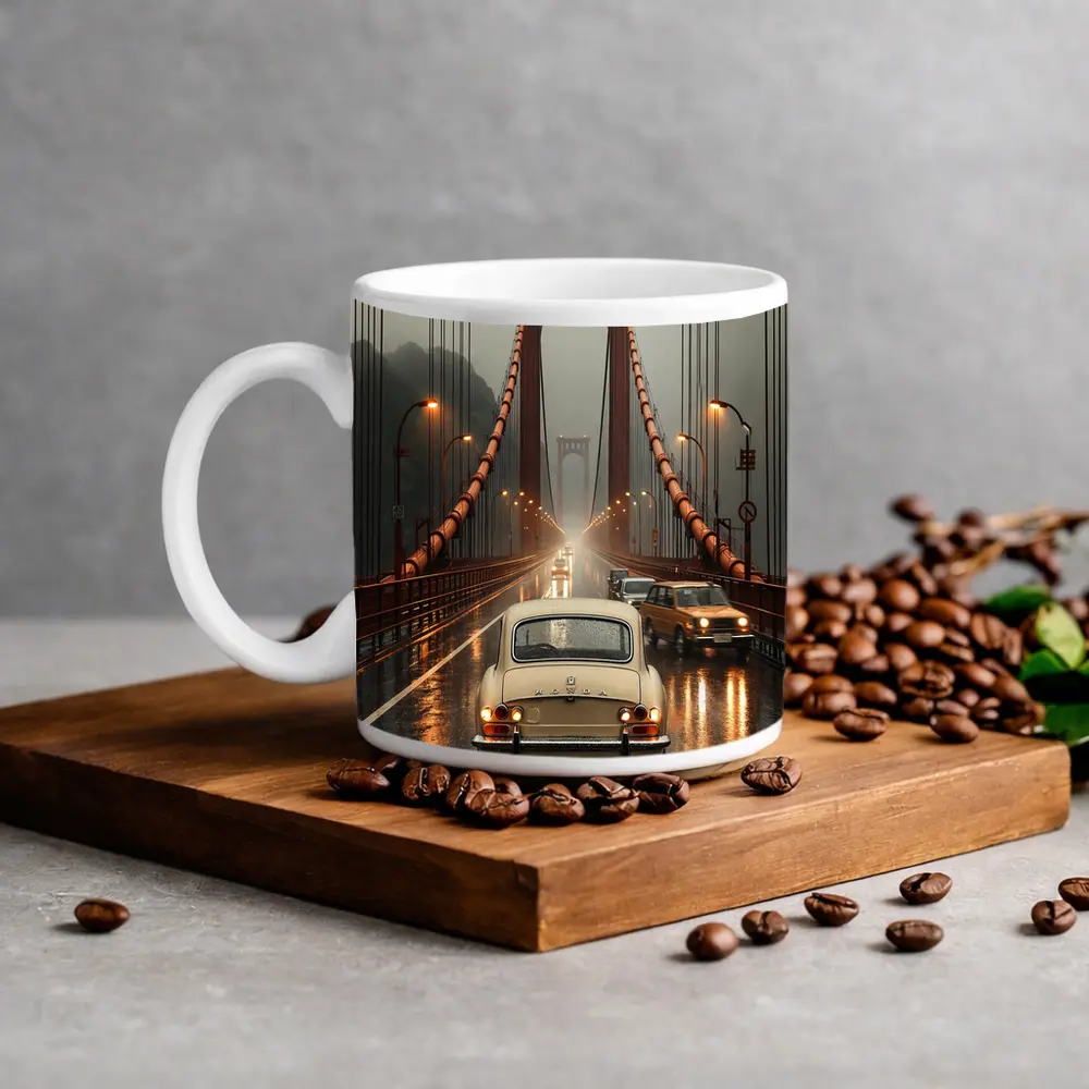 Vintage Honda On Rainy Suspension Bridge – Mugs