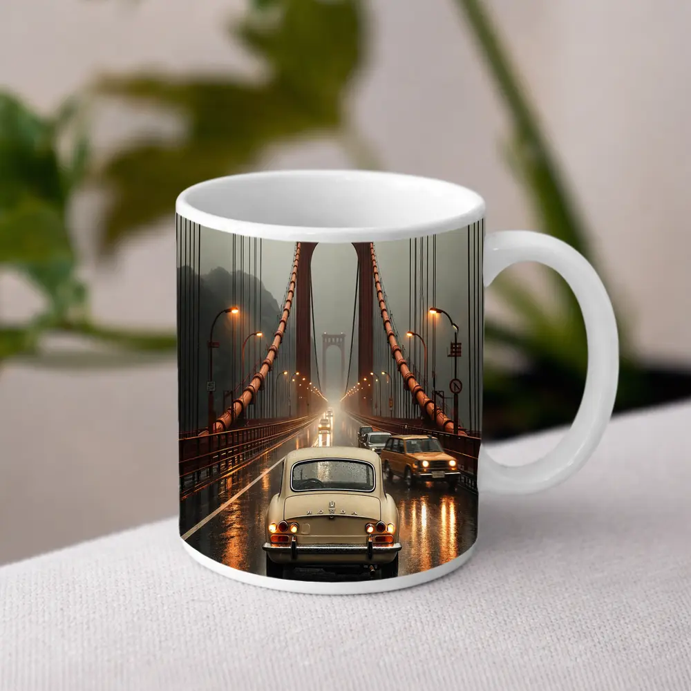 Vintage Honda On Rainy Suspension Bridge – Mugs