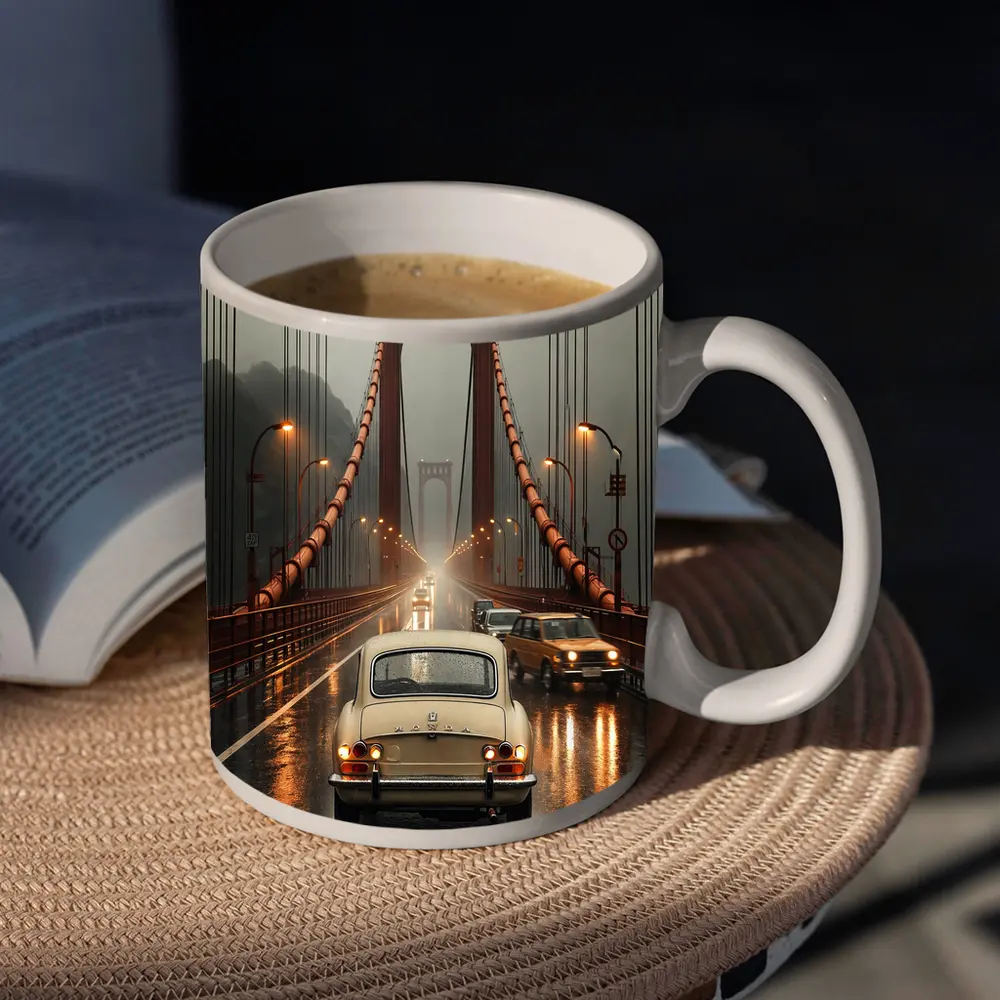 Vintage Honda On Rainy Suspension Bridge – Mugs