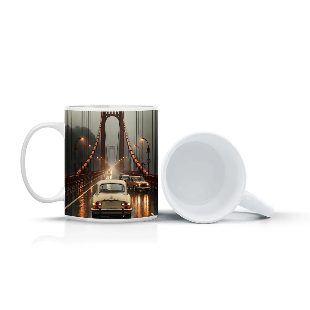 Vintage Honda On Rainy Suspension Bridge – Mugs