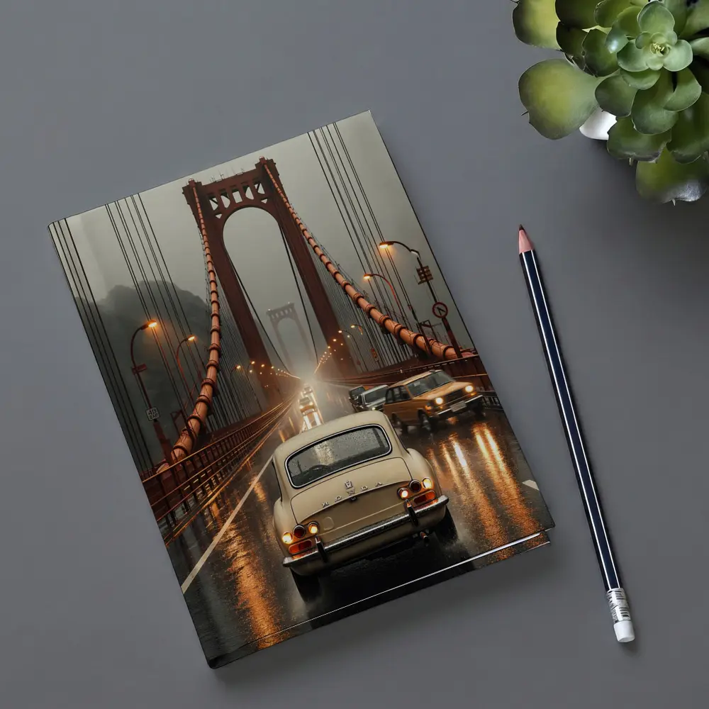 Vintage Honda On Rainy Suspension Bridge – Notebooks