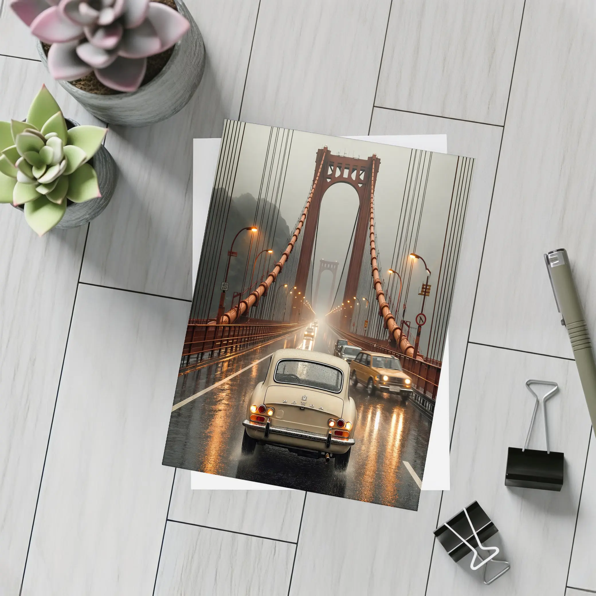 Vintage Honda On Rainy Suspension Bridge – Postcards