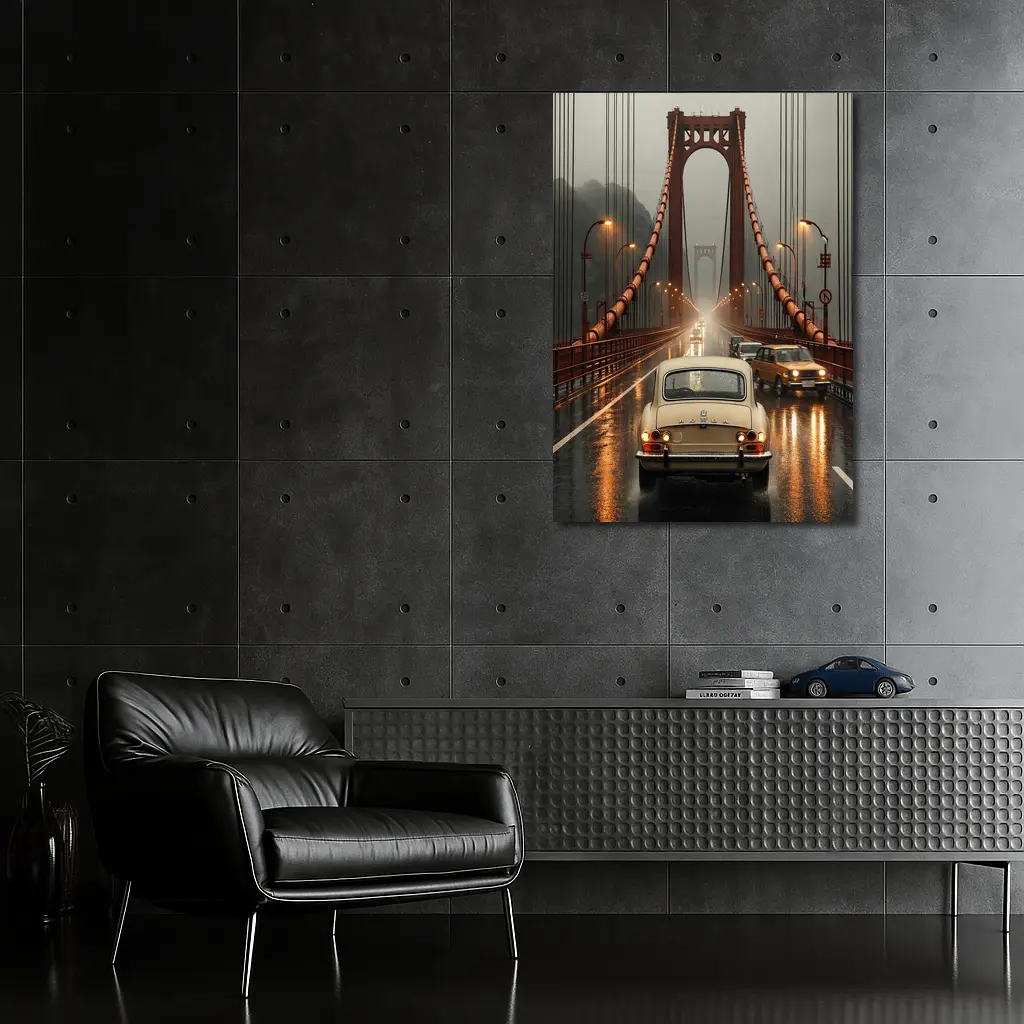 Vintage Honda On Rainy Suspension Bridge – Wall Art