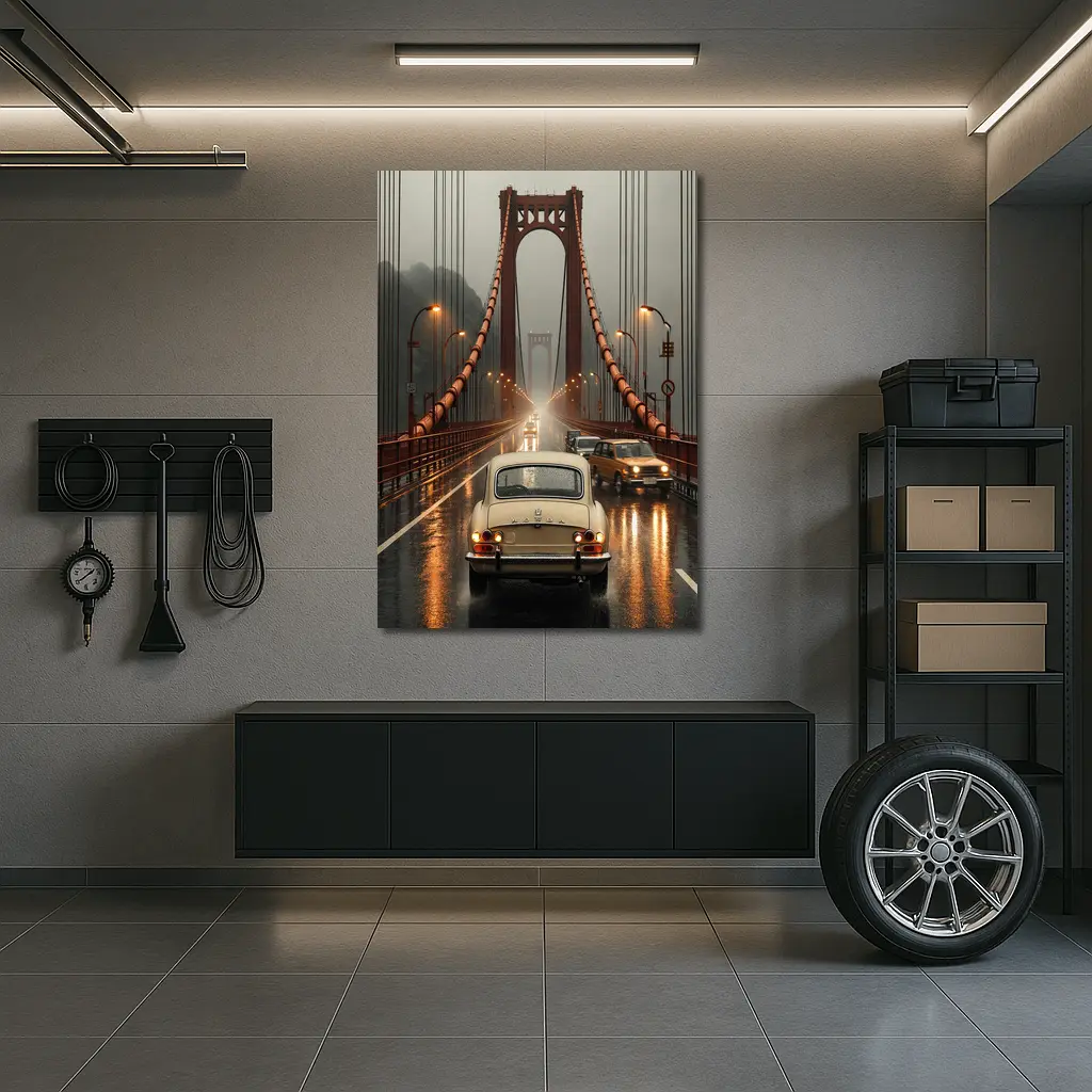 Vintage Honda On Rainy Suspension Bridge – Wall Art