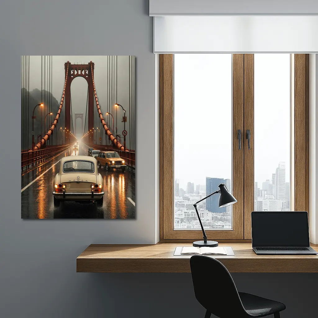 Vintage Honda On Rainy Suspension Bridge – Wall Art
