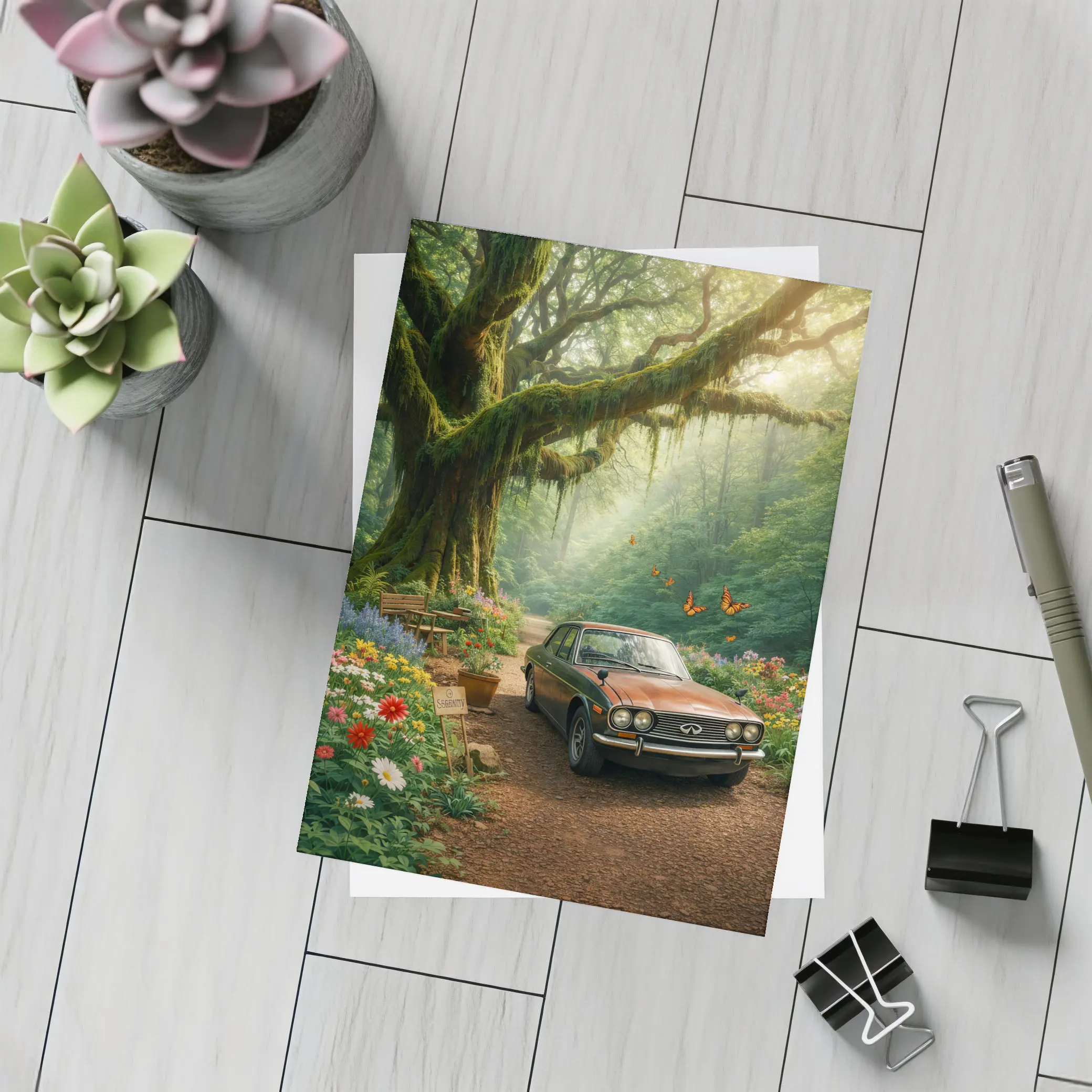 Vintage Infiniti Classic Car Forest Setting – Postcards