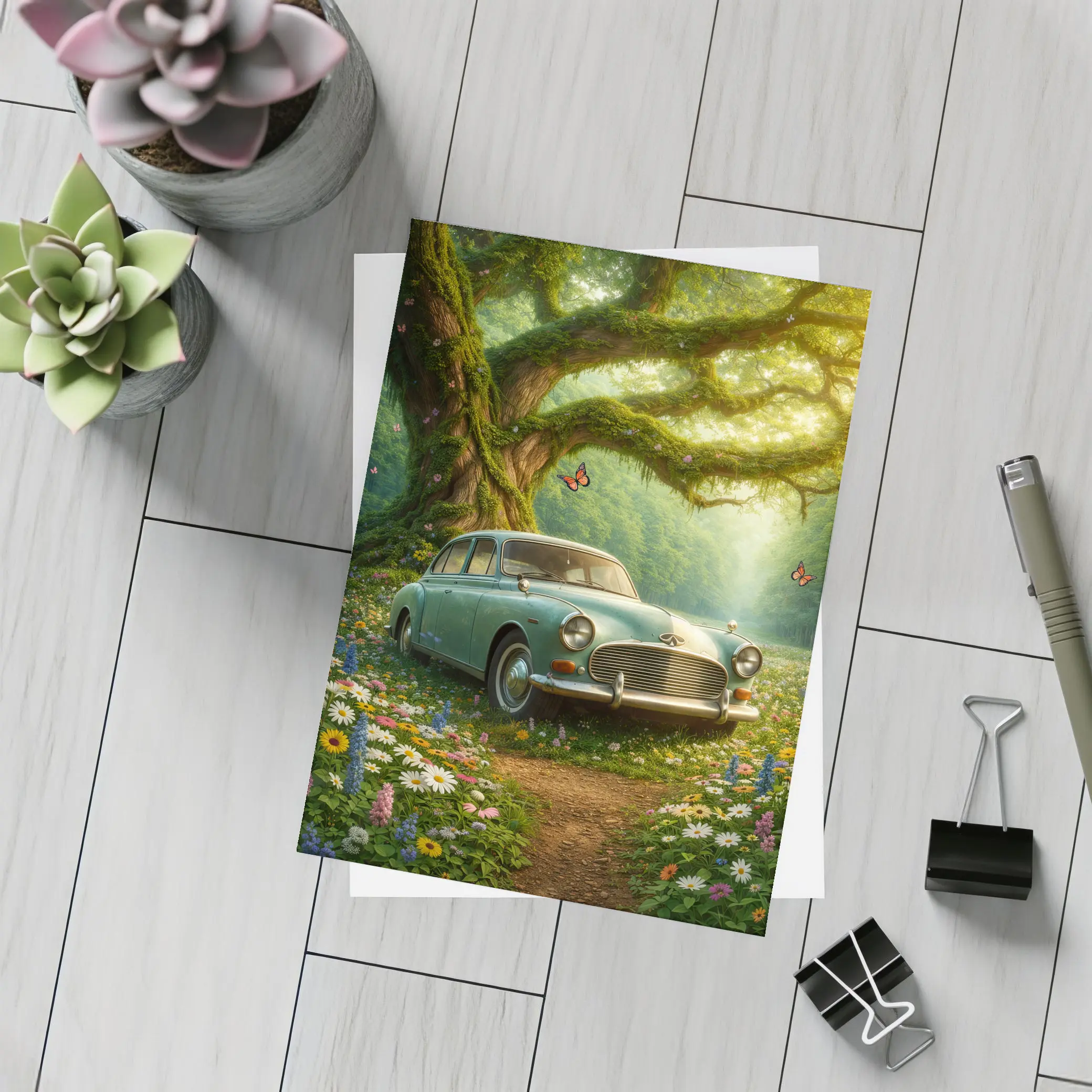 Vintage Classic Car Forest Wildflowers Fantasy – Postcards