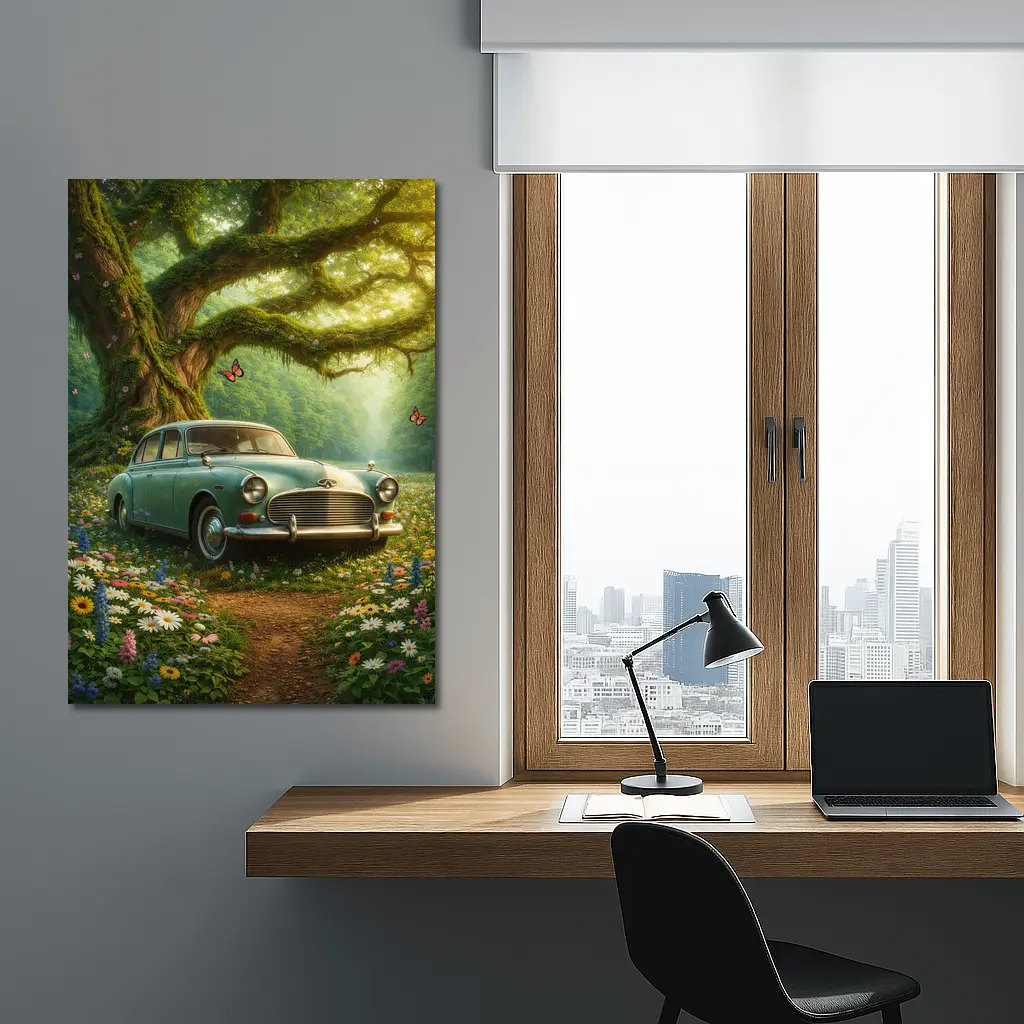 Vintage Classic Car Forest Wildflowers Fantasy – Wall Art