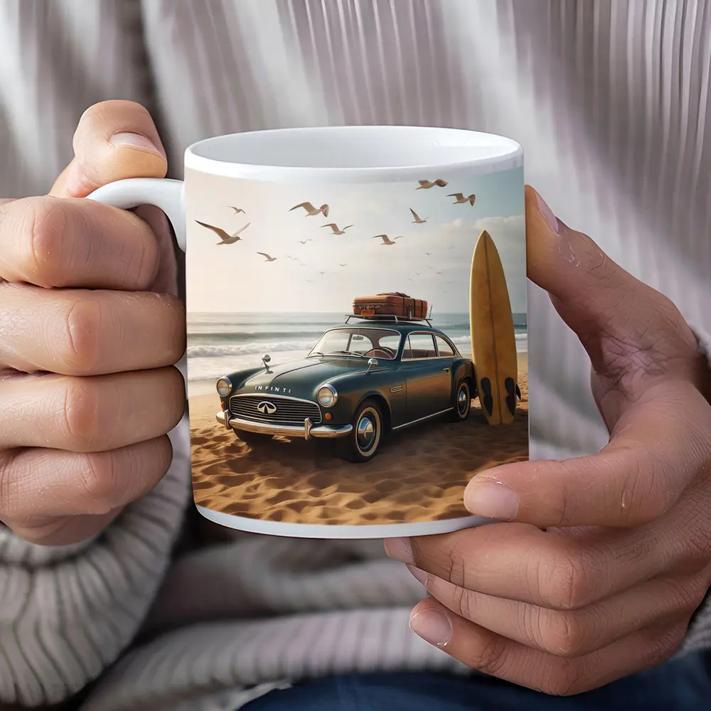 Vintage Infiniti Classic Car On Beach – Mugs