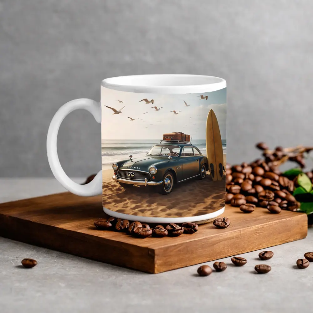 Vintage Infiniti Classic Car On Beach – Mugs