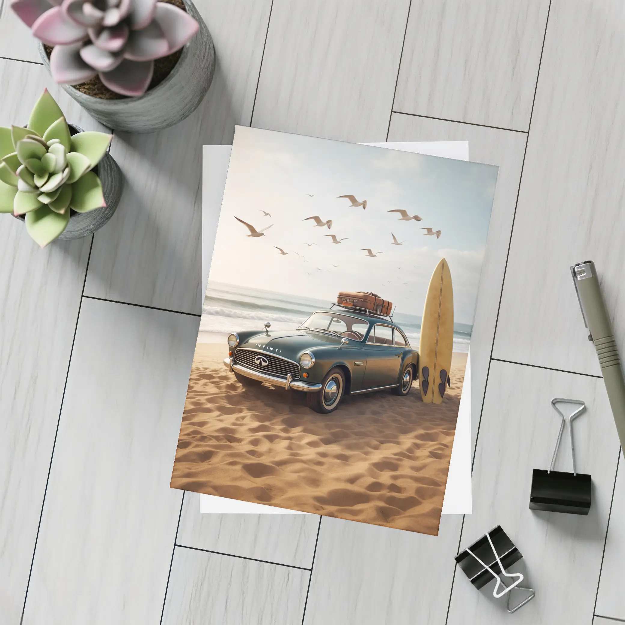 Vintage Infiniti Classic Car On Beach – Postcards