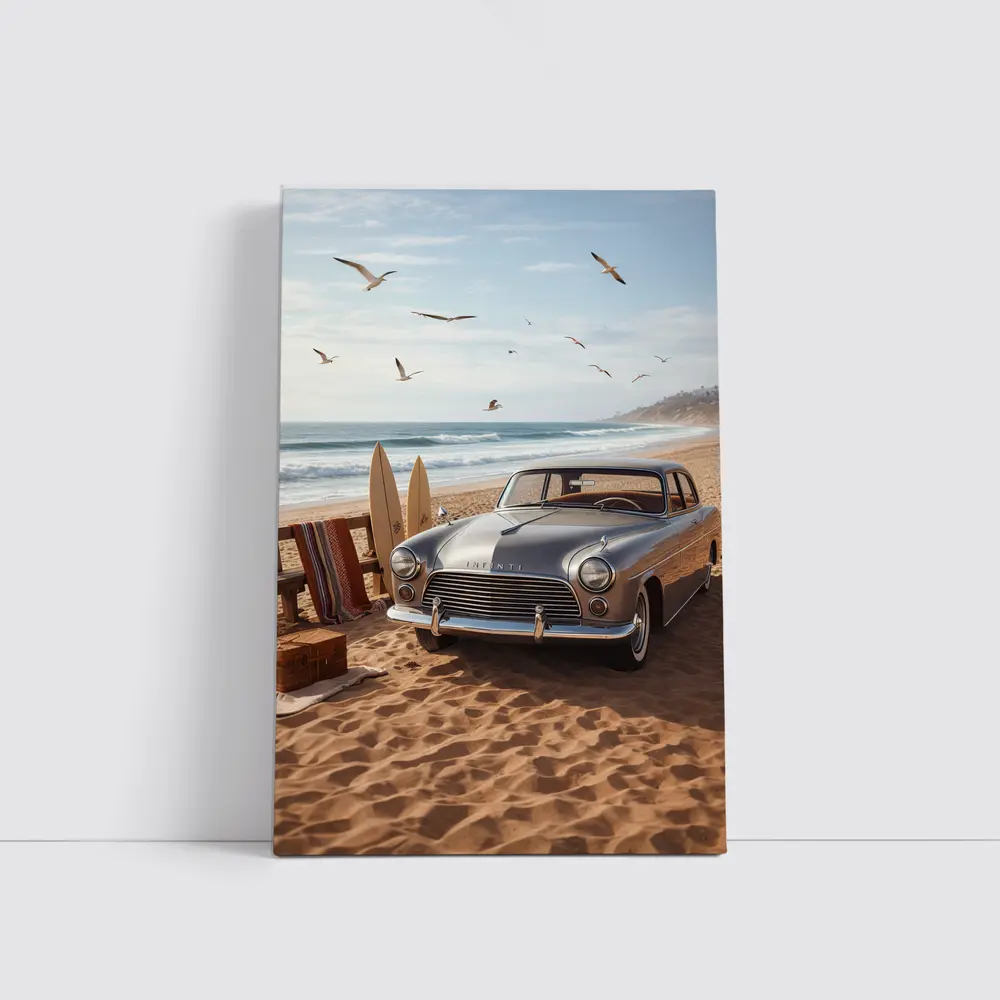 Vintage Infiniti Classic Car Beach Scene – Wall Art