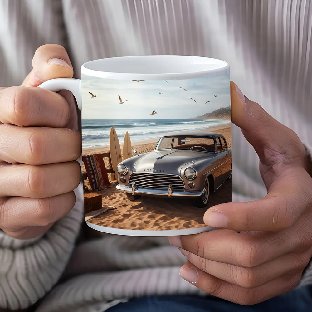 Vintage Infiniti Classic Car Beach Scene – Mugs