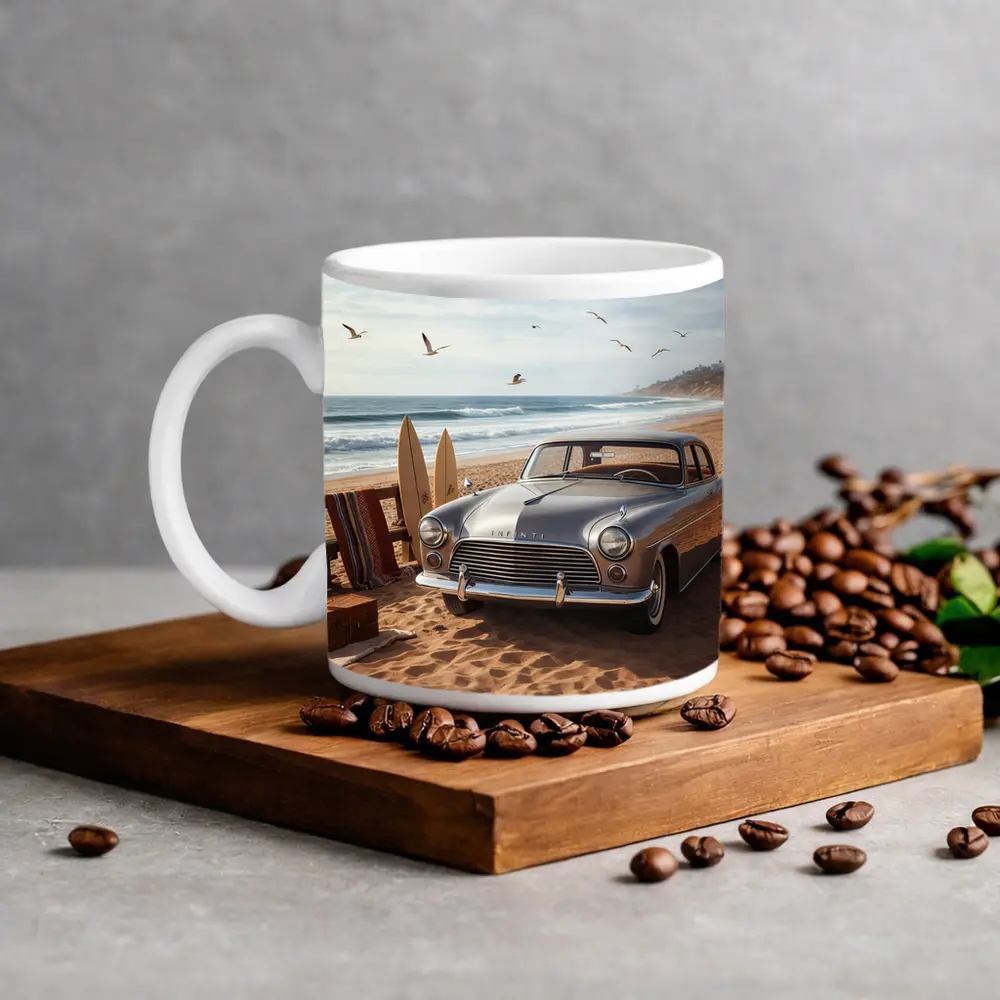 Vintage Infiniti Classic Car Beach Scene – Mugs