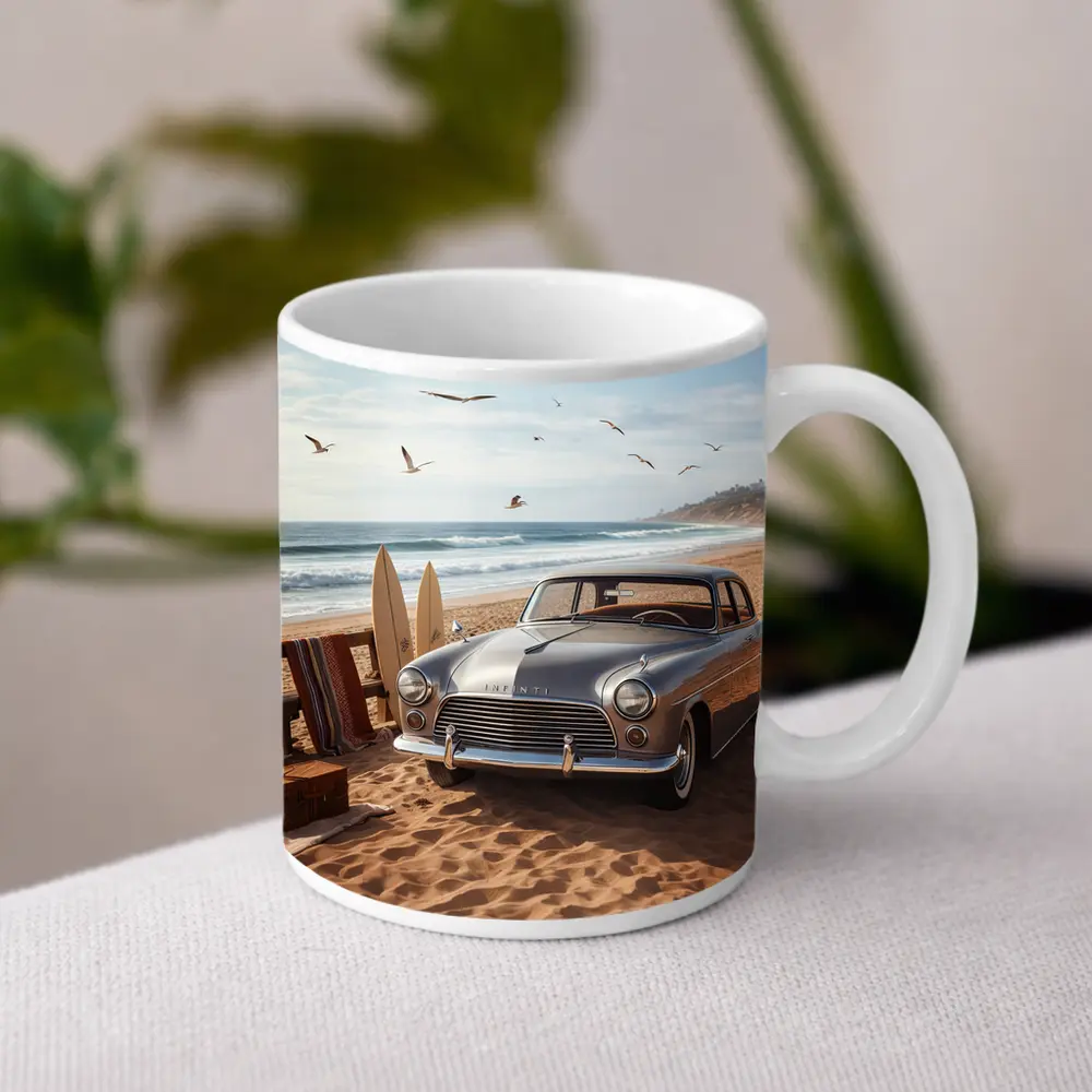 Vintage Infiniti Classic Car Beach Scene – Mugs