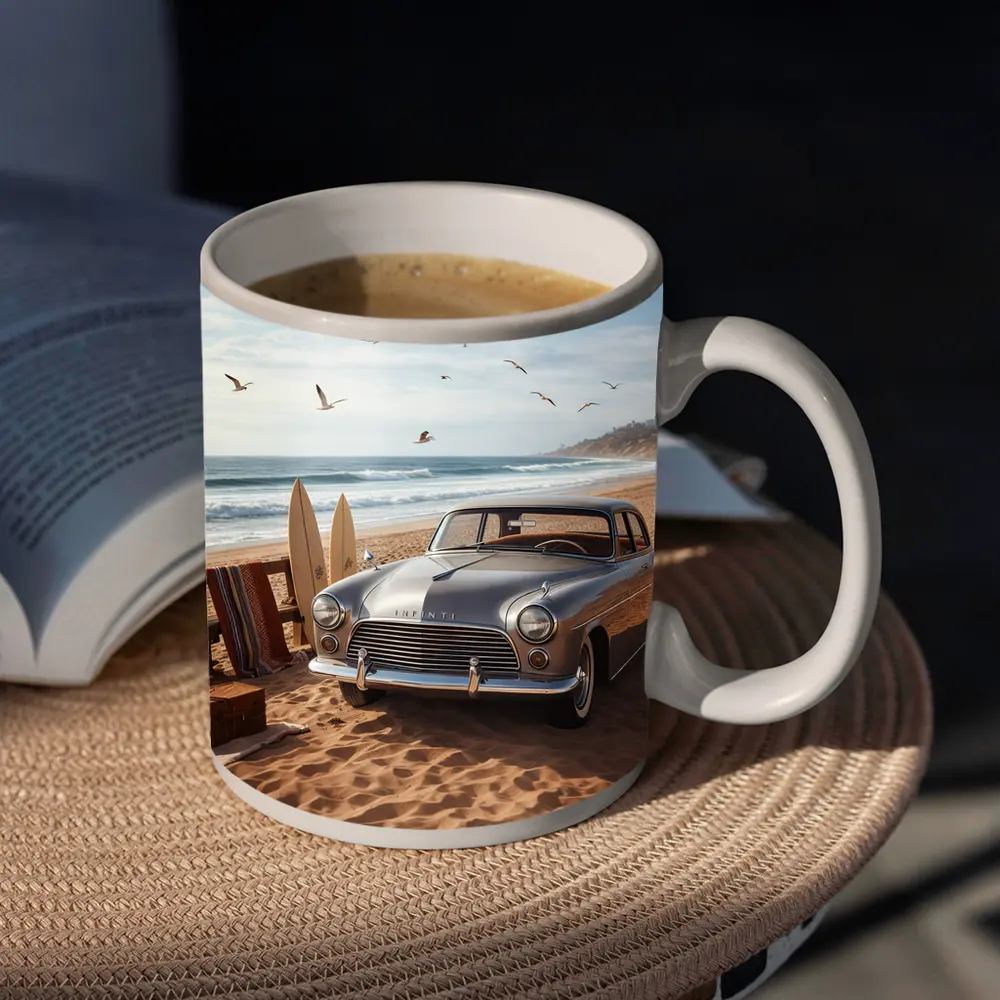 Vintage Infiniti Classic Car Beach Scene – Mugs