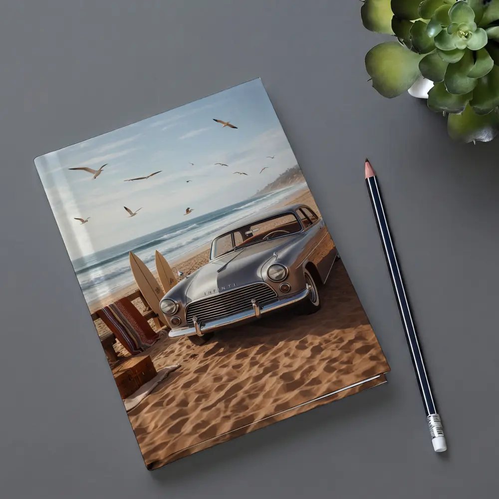 Vintage Infiniti Classic Car Beach Scene – Notebooks