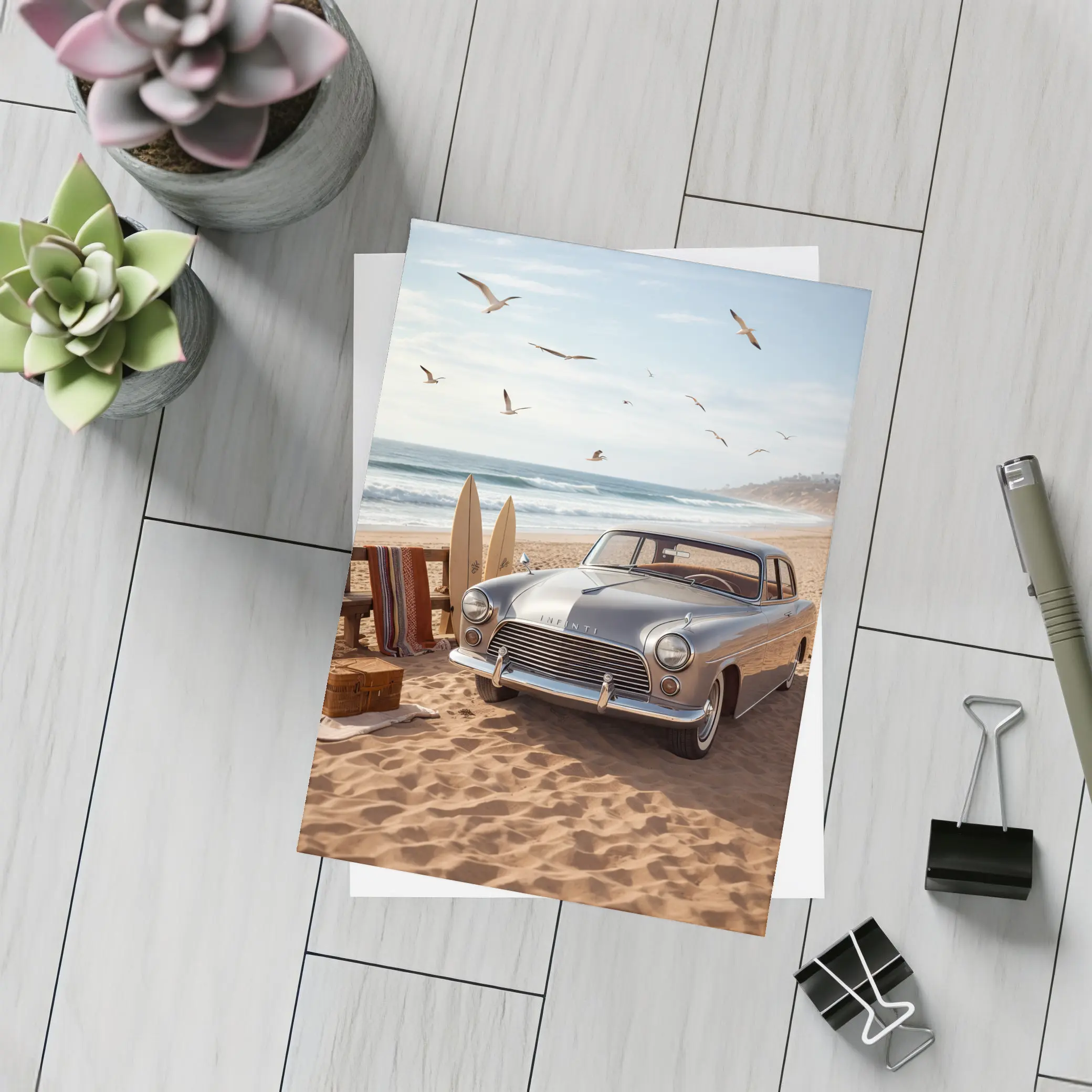 Vintage Infiniti Classic Car Beach Scene – Postcards