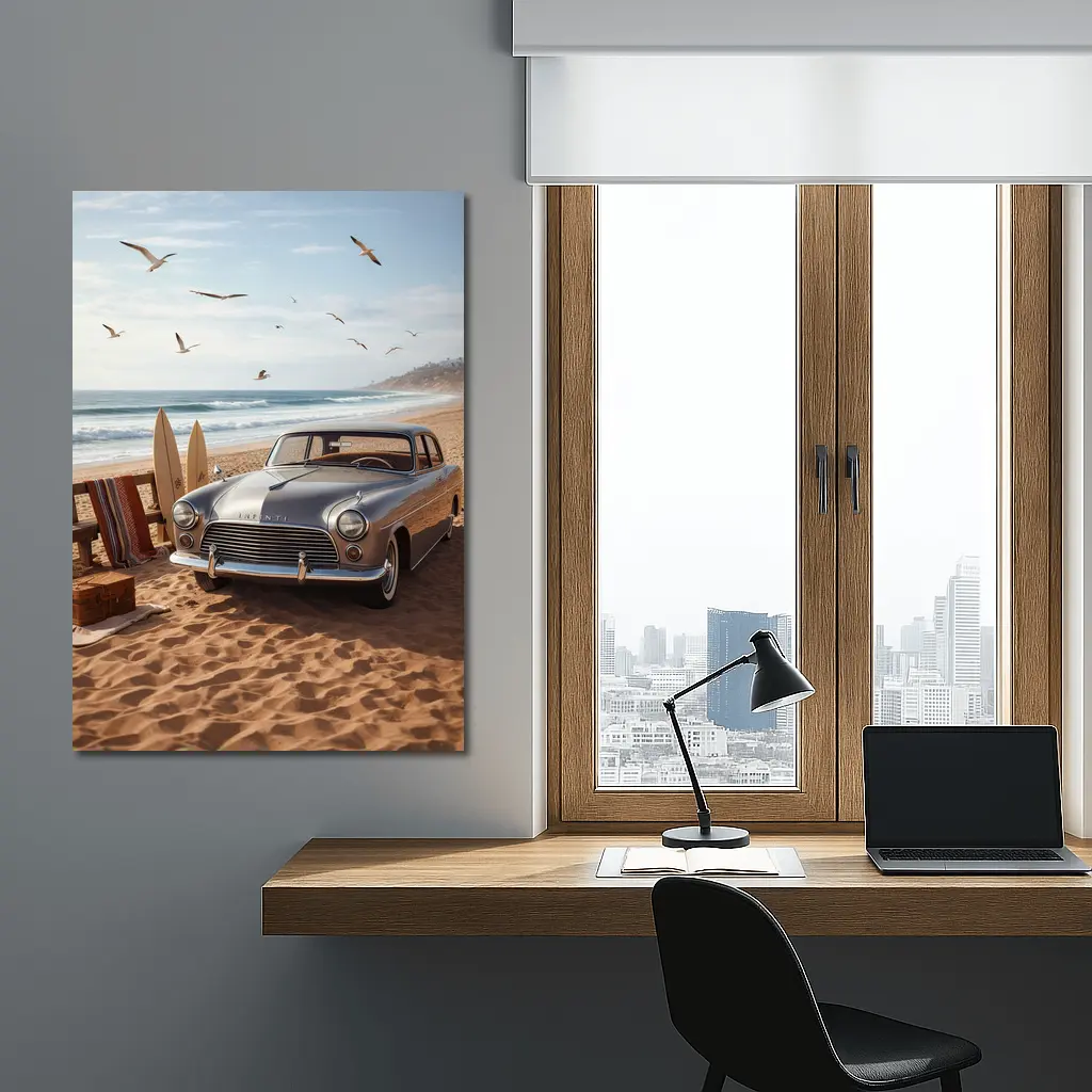 Vintage Infiniti Classic Car Beach Scene – Wall Art