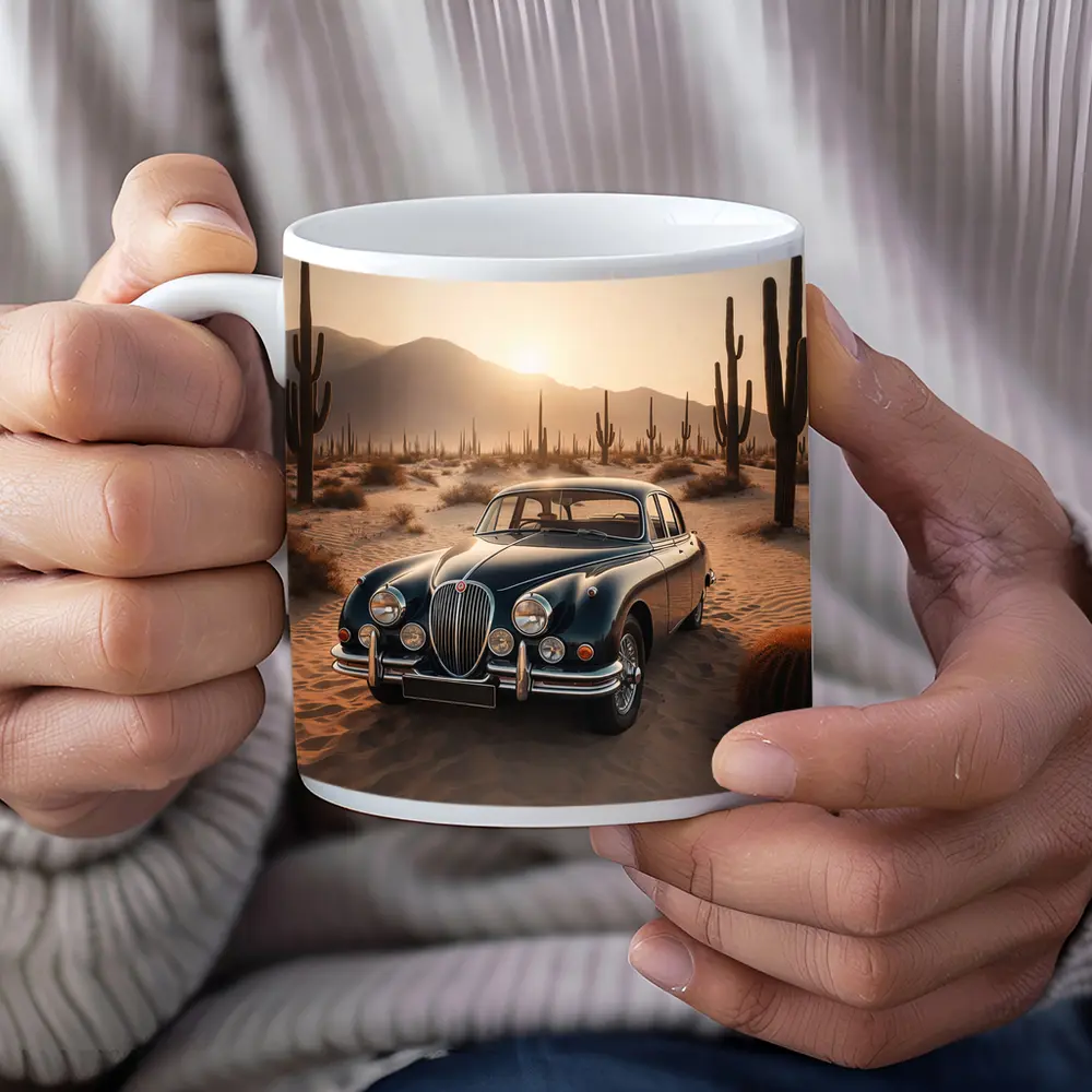 Vintage Jaguar Mark II Desert Sunset Scene – Mugs