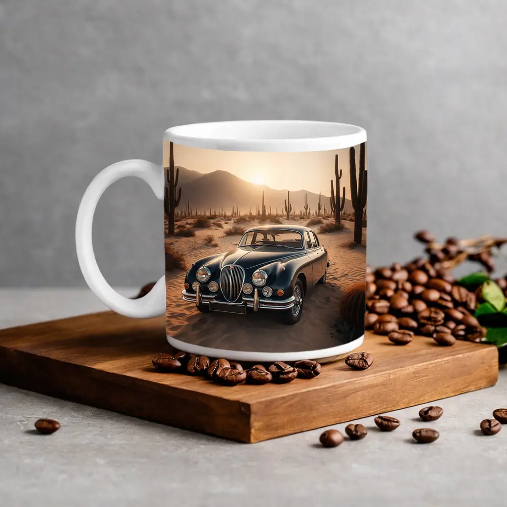 Vintage Jaguar Mark II Desert Sunset Scene – Mugs