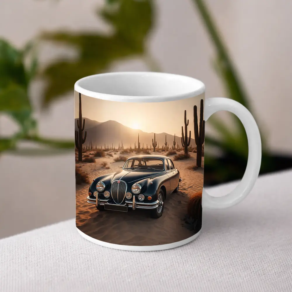 Vintage Jaguar Mark II Desert Sunset Scene – Mugs