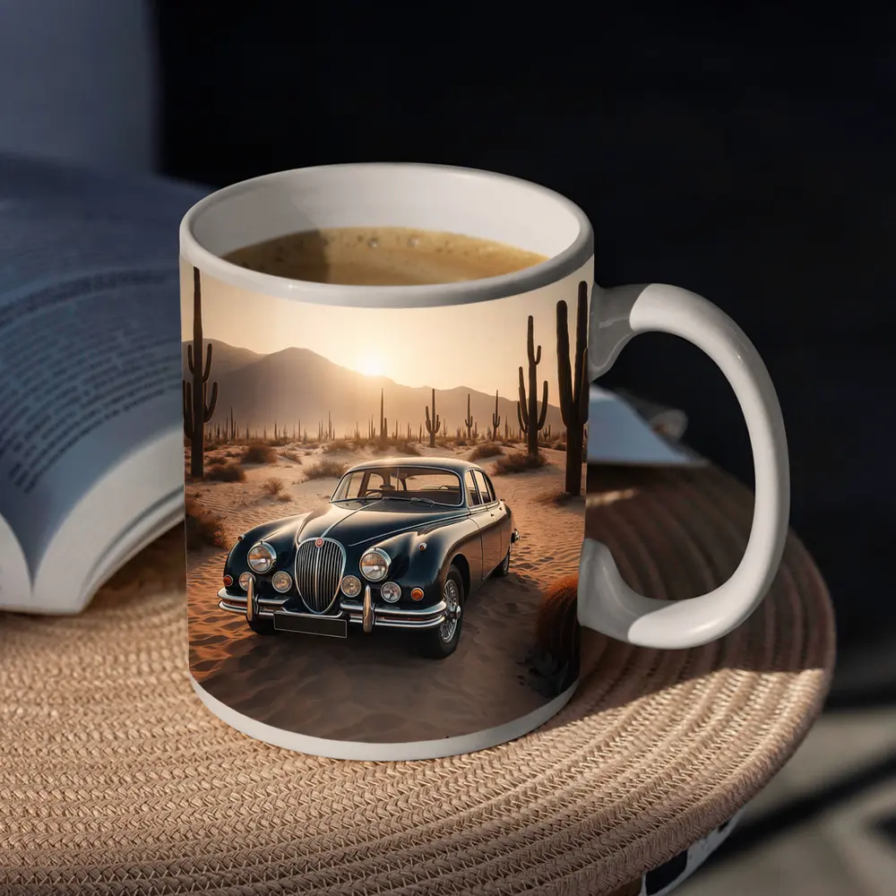 Vintage Jaguar Mark II Desert Sunset Scene – Mugs