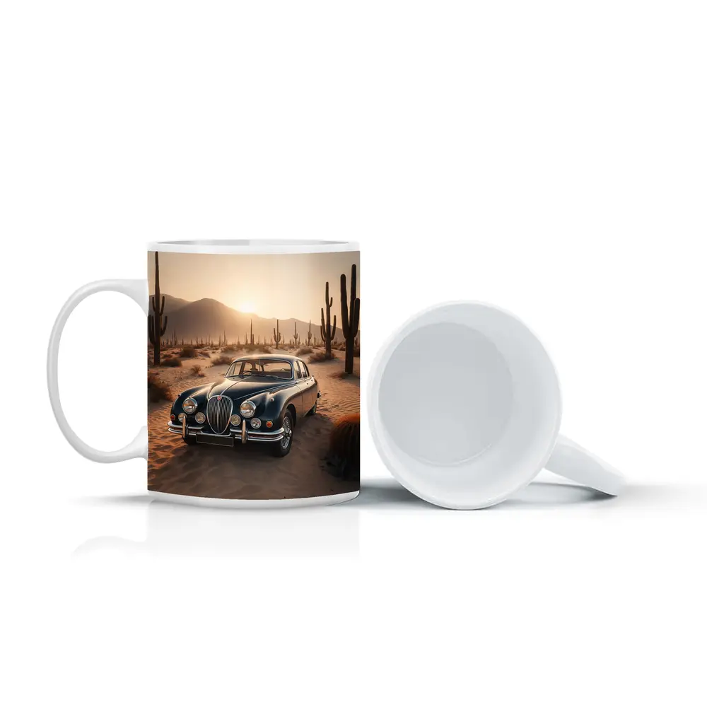 Vintage Jaguar Mark II Desert Sunset Scene – Mugs