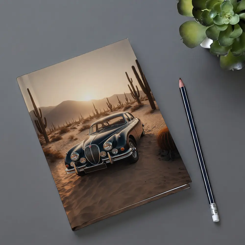 Vintage Jaguar Mark II Desert Sunset Scene – Notebooks