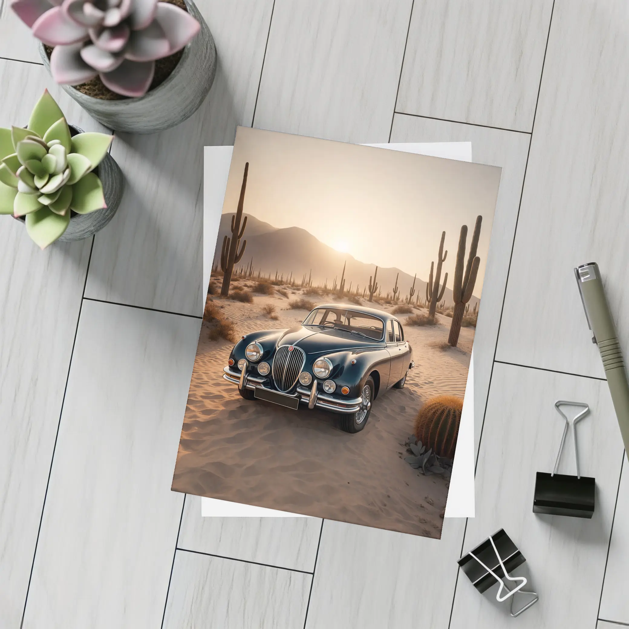 Vintage Jaguar Mark II Desert Sunset Scene – Postcards