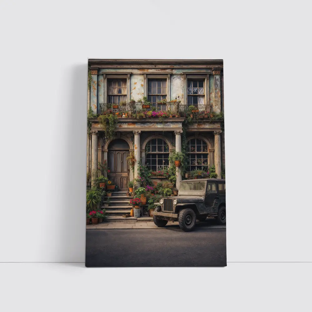 Vintage Jeep Parked Outside Weathered Classic Building – Wall Art
