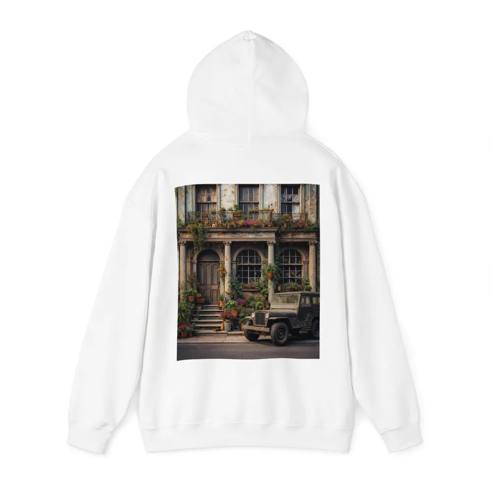 Vintage Jeep Parked Outside Weathered Classic Building – Hoodies