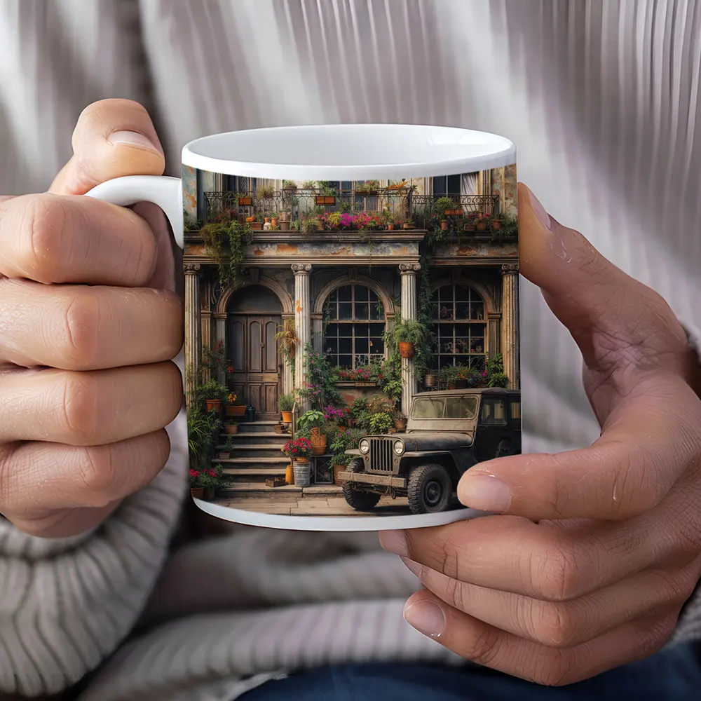Vintage Jeep Parked Outside Weathered Classic Building – Mugs