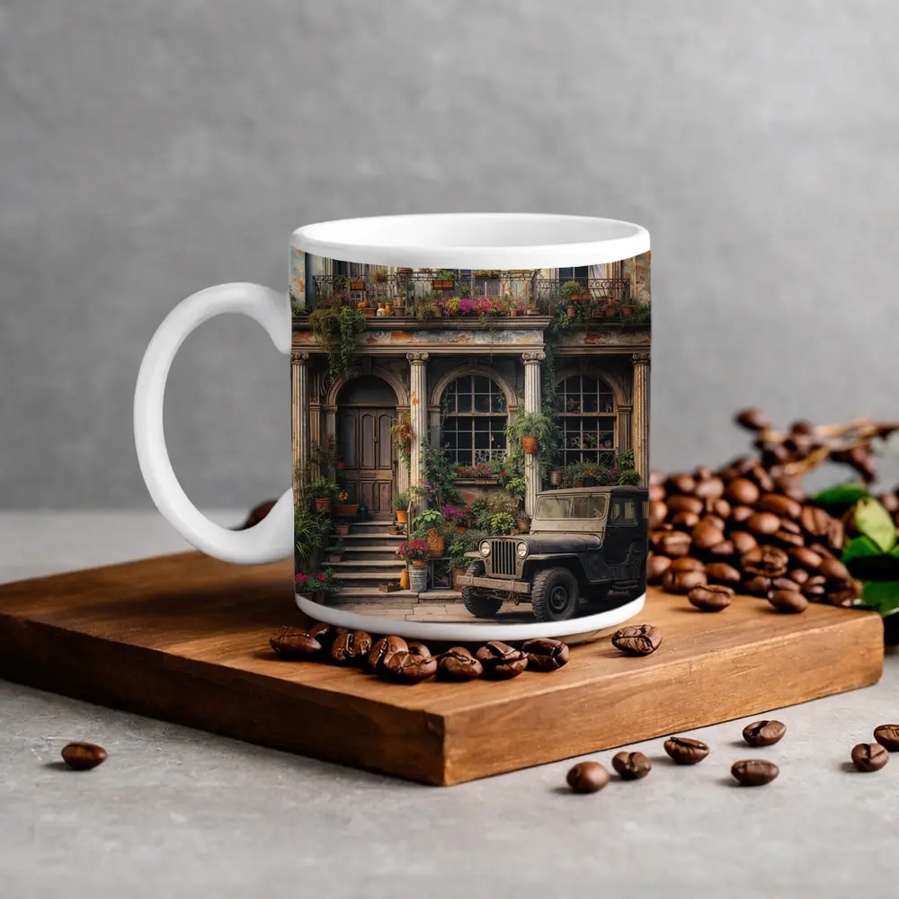 Vintage Jeep Parked Outside Weathered Classic Building – Mugs