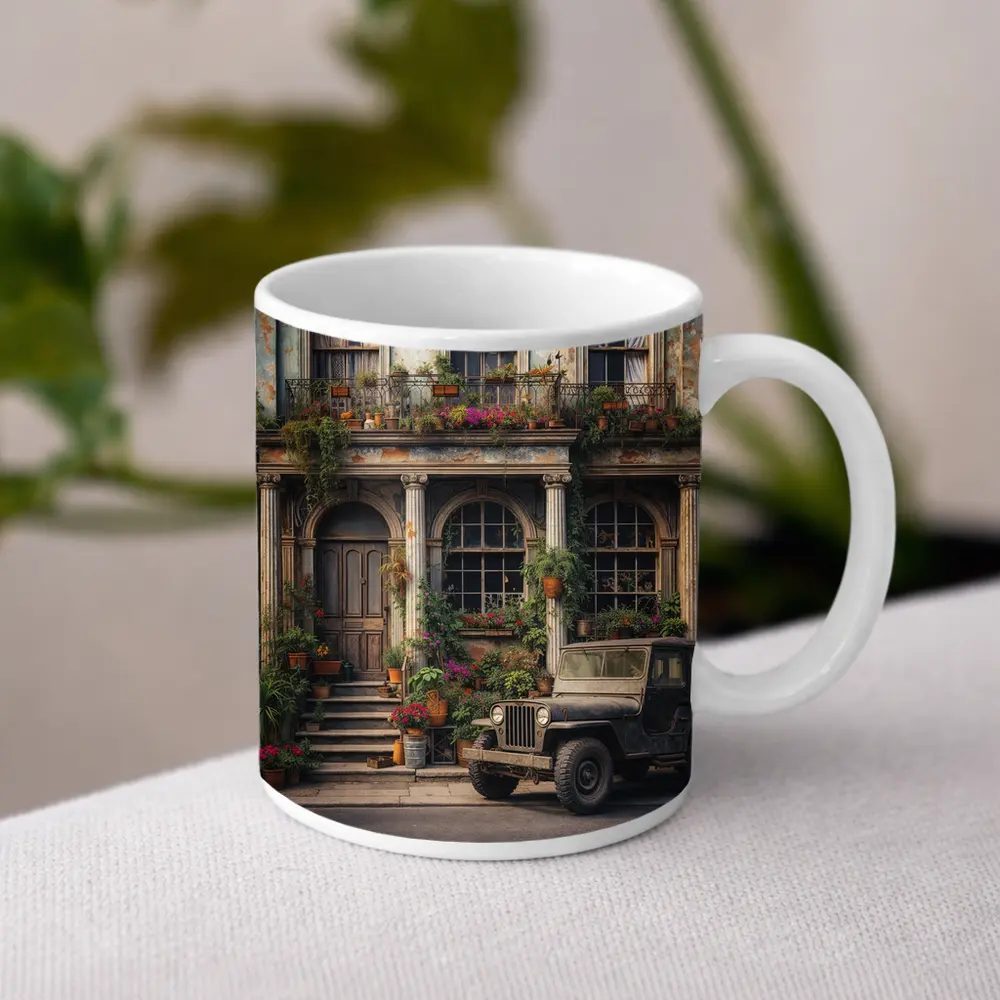 Vintage Jeep Parked Outside Weathered Classic Building – Mugs