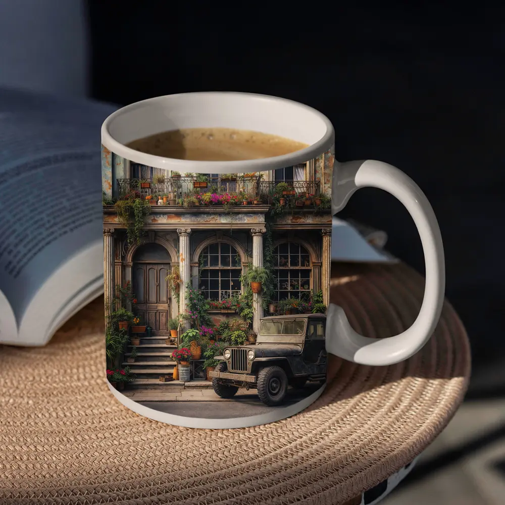 Vintage Jeep Parked Outside Weathered Classic Building – Mugs