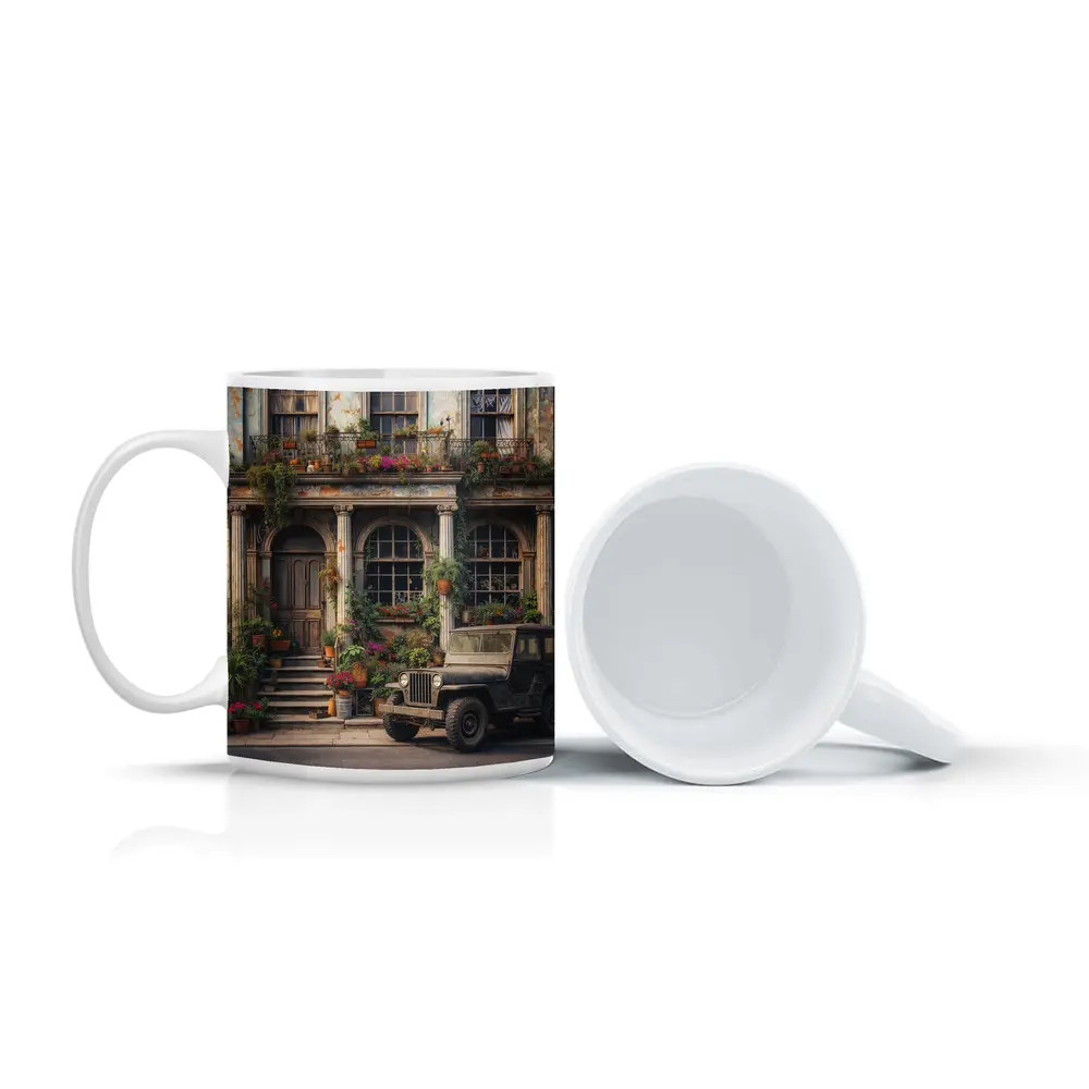Vintage Jeep Parked Outside Weathered Classic Building – Mugs