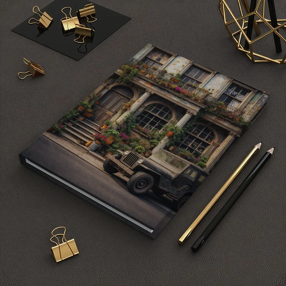Vintage Jeep Parked Outside Weathered Classic Building – Notebooks
